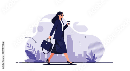 A confident and stylish business woman walking gracefully through a modern city landscape, holding a briefcase and a coffee cup.