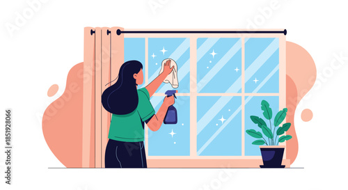 A woman diligently cleaning a sparkling window with a spray bottle and cloth, depicting domestic chores and home maintenance.