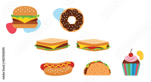 A delectable collection of popular fast food items and sweet treats, including a burger, donut, sandwiches, hot dog, taco, and cupcake.