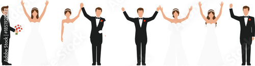 Wedding ceremony celebration illustration with bride and groom couples raising hands together, romantic marriage event scene illustrated in clean flat vector style isolated on white background