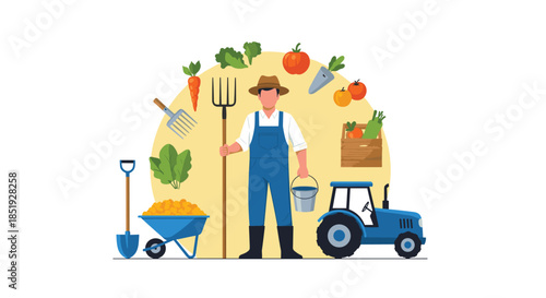 A cheerful farmer standing proudly with a pitchfork and bucket, surrounded by fresh vegetables, a wheelbarrow, and a tractor.