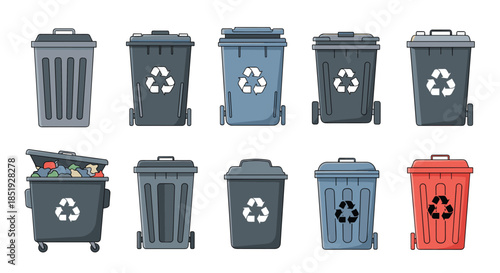 A comprehensive collection of various trash cans and recycling bins, some filled with waste, depicting waste management and sustainability.