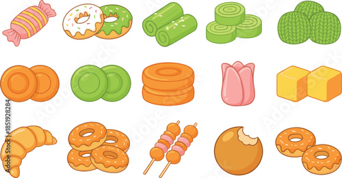 Colorful candy and dessert sweets collection featuring donuts, croissants, cookies, candies, marshmallows, rolls, and pastry treats illustrated in cute flat vector style isolated on white background f