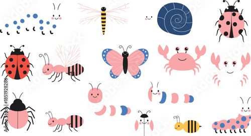 Large collection of cute insect icons featuring kawaii ladybugs butterflies caterpillars and garden creatures for children education and nursery pattern design