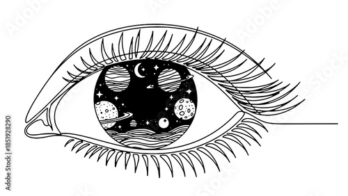 Cosmic eye gazing into starry galaxy with planets