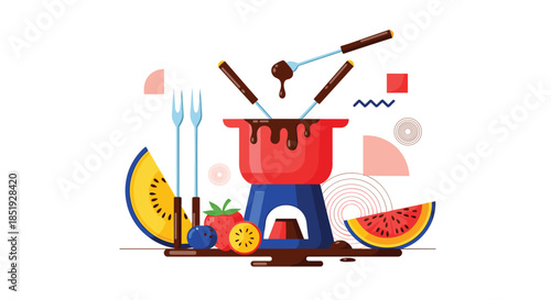 A delectable chocolate fondue pot with an assortment of fresh fruits, including melon, strawberries, blueberries, and orange slices, with forks.