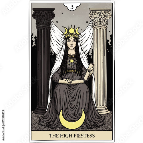 Illustration of The High Priestess Tarot Card with Mystical Symbols