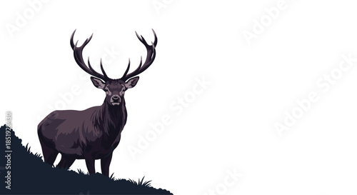 A majestic stag with impressive antlers standing proudly on a small grassy hill, showcasing its powerful presence.