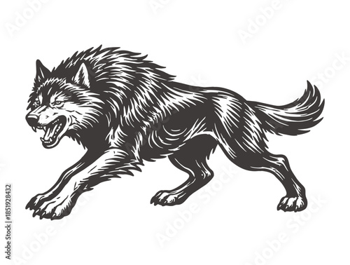 Fierce snarling wolf in a dynamic black and white pose.