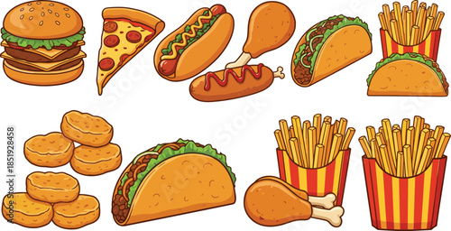 Fast food meal illustration collection featuring burger, pizza, hot dog, tacos, fried chicken, nuggets, and french fries illustrated in colorful cartoon flat vector style isolated on white background 