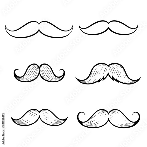 Set of Six Vintage Hand-Drawn Mustache Illustrations