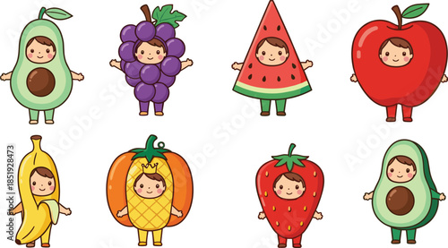 Cute fruit character illustration collection featuring avocado, grapes, watermelon, apple, banana, pineapple, strawberry, and pumpkin costumes in adorable cartoon flat vector style isolated on white b