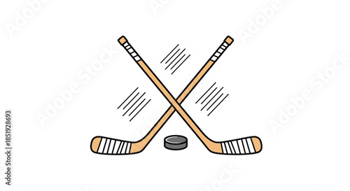 Two classic ice hockey sticks crossed over a puck, with abstract motion lines, symbolizing the exciting winter sport.
