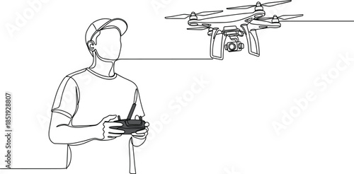 Drone pilot operating quadcopter with remote controller line art illustration showing modern aerial technology and human interaction in continuous outline vector style isolated on white background