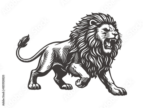 A powerful male lion with a large mane roaring fiercely.