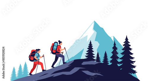 Two adventurous people hiking uphill on a mountain trail with backpacks and trekking poles, surrounded by majestic pine trees.