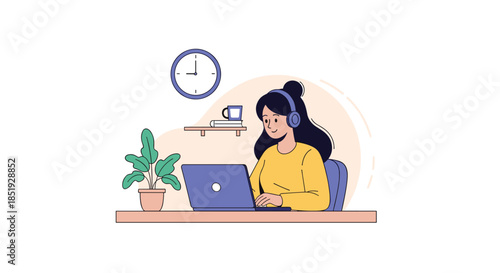 A smiling woman wearing headphones, diligently working on her laptop at a clean desk, surrounded by a plant and a clock.