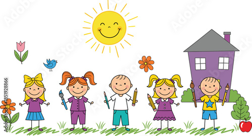 Diverse group of happy school children holding paintbrushes and pencils in a garden with smiling sun and house for education and art class concept