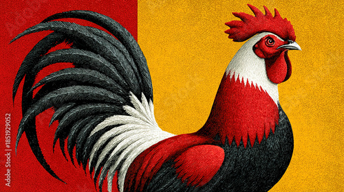 Artistic illustration of a rooster with vibrant, stylized feathers against a colorful background.