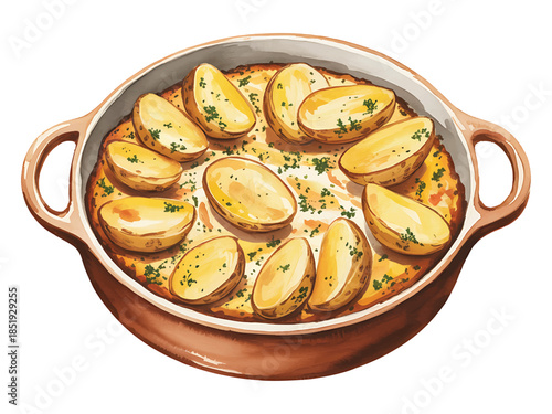 Watercolor Baked Potato Dish with Herbs in a Casserole Dish potatoes vector illutrastion transparent background