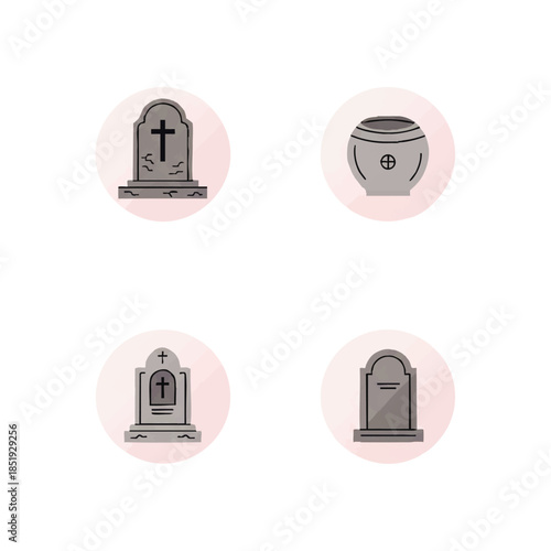 Set of Funeral Icons Featuring Tombstones and Urn on White Background