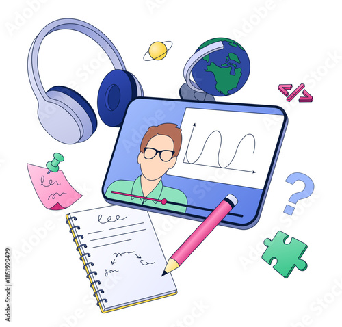 Digital classroom with video lecture and note taking, Online learning or remote education platform