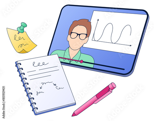 Digital classroom with video lecture and note taking, Online learning or remote education platform