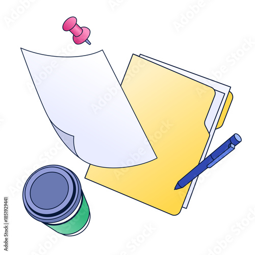 Documents with stationery and coffee to go, Office workspace essentials