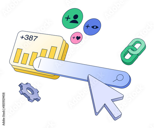 Search bar with analytics and social media icons, SEO metrics and link building