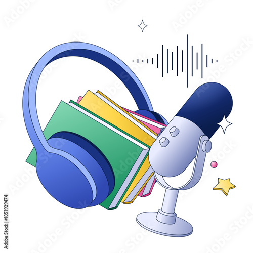 Headphones with books and podcast mic, Audiobook and podcast concept