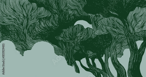 Hand drawn brush lines artistic forest background with abstract stylized flowing and distorted trees in monochromatic green, Japanese and ethnic wood carving, block print texture graphic for textile a