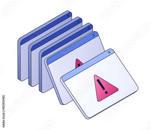 Stack of error popups with exclamation mark, System error alerts, Software troubleshooting