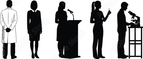 Set of Diverse Professional Career Silhouettes Representing Science, Business, Public Speaking, and Medicine for Corporate, Education, and Research Concepts.