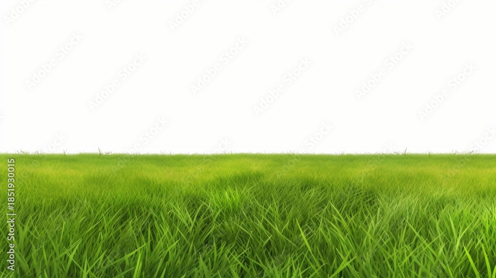 Fototapeta premium A vibrant expanse of green grass meets a blank white backdrop, creating a serene and minimalistic landscape.