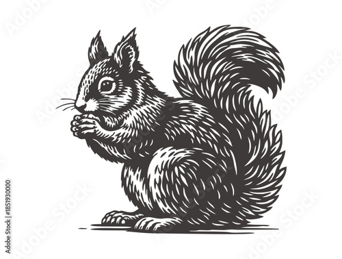 A small squirrel sitting while holding and eating a nut.