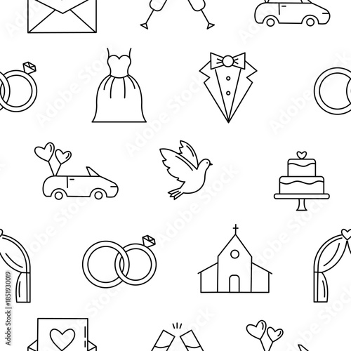 A cute line art wedding themed seamless pattern. Bridal print.