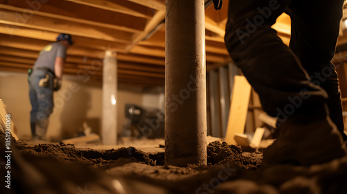 Foundation Repair: A worker is stabilizing a home's structure, pouring concrete for added support in the crawl space. Strengthening infrastructure and ensuring long-term safety.