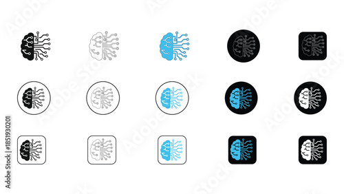 Collection of artificial intelligence brain icons in various styles