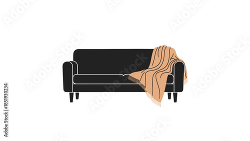 Black Sofa with Beige Throw Blanket.