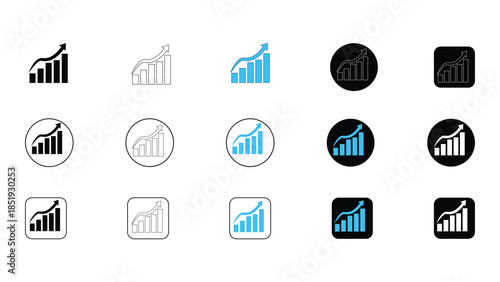 Collection of upward trending bar graph icons with arrow
