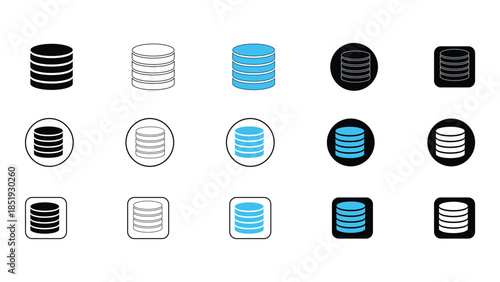 Database icons collection representing various styles and formats