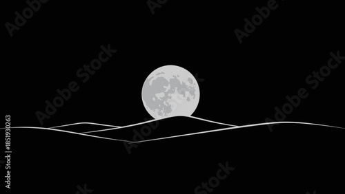 Full Moon Rising Over Hills at Night.