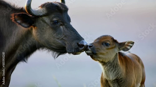 Calf and cow interact in a natural setting during daytime on a sunny farm