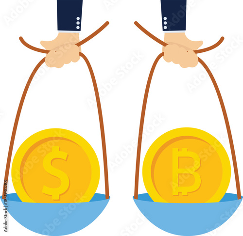 Balance Your Portfolio Between Bitcoin and Dollars. The concept of investing in currency. Foreign exchange trading.

