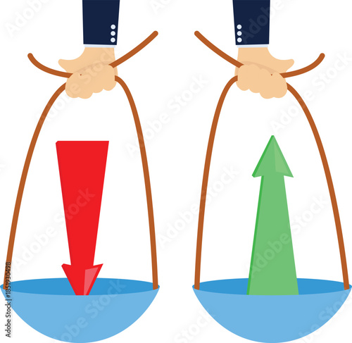 Balance between expenditure and income, balance between falling arrows and rising arrows with scales,

