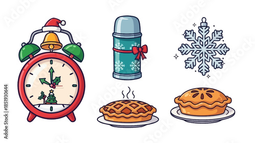 Christmas Ornaments Displayed with Food and Clock