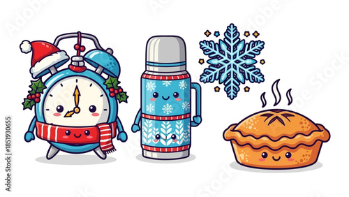 A festive scene with a smiling clock, thermos, and pie enjoying winter.
