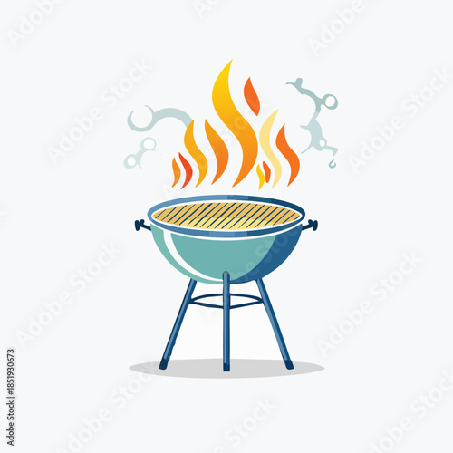 Cartoon barbecue grill with flames and smoke vector illustration.