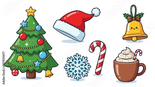 Festive holiday scene with Christmas tree, decorations, and treats on a snowy background indoors.