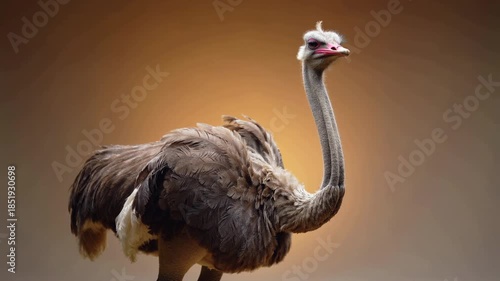 Ostrich stands in a well-lit studio against a soft gradient background showcasing its unique features and colors